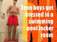 Teen boys get dressed in a swimming pool locker room