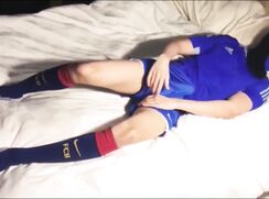 Asian Soccer jerking off in shorts while horny