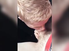Blond twink sucking a huge cock in the car