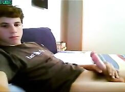 Cute straight teen boy in white boxer briefs jerks off his long cock in his bedroom