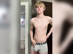 Blond Twink Strips and Plays With Shaved Cock porn