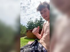 of horny justin outside in backyard