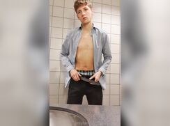 big dick Aiden wanking in public restroom