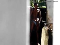 lucky spying on sexy neighbor wanking outside