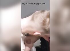 Spy: white-haired guy jerking off his fat dick in the public toilet