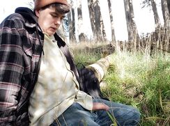 Boy stops jacking off to piss in the woods