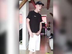 Blonde german soccer boy jerks off after game