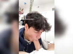 Boy with cute smile sucks best friend happy!