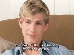 Gorgeous blond twink jacks off and tastes his cum