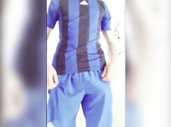 A hung amateur soccer stud strips and jerks off in soccer socks and sneakers