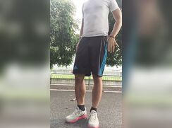 Gay with Curved Cock Jerks off outside and cums cam porn