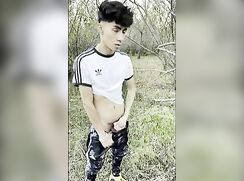 jerking off and cumming in forest