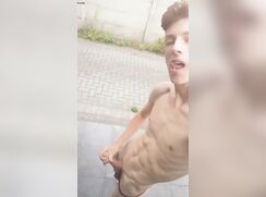 Hot skinny twink strokes in public