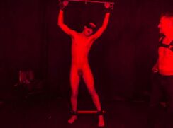 BDSM slave boy bound, whipped, clothespins