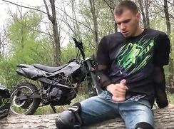Dirty rider piss, wanks and cums