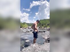 Hung dude jerks off in public