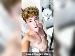 Curly blond guy jerking Big Cock in his bathroom