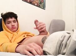 Cute Teen in Hoodie Jerking Off