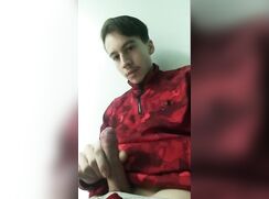 Red Champion vest Cute boy wank and cum in bed