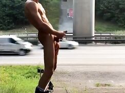 An exhibitionist jerking off Big Dick by the highway