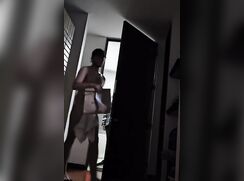 Hot dude picking up his food delivery fully naked with his big soft dick out chilling