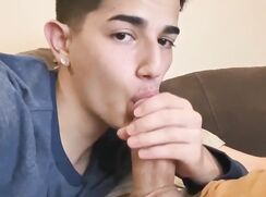 Handsome twink deepthroats bf cock