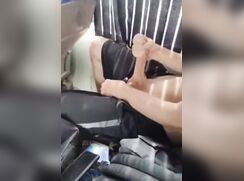 Jerking off a huge dick on a college bus.