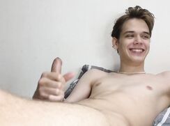 [Boy with a beautiful smile Caden releasing milk during his handjob]