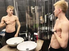 [Boy Ethan jerking off with his nice cassette while showering and cums a lot