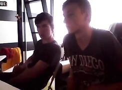 Me and my best friend at home wanking and cums on toy on webcam