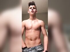Six Pack boy oils his chest, strips, wanks & cums