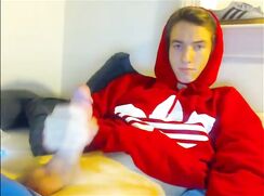 big dick twink in red hoodie was and cum on cam