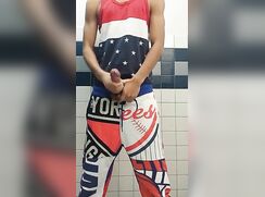 teen ball fan jerks and cums public restroom