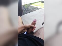 hairy str8 guy jerks cum in backyard