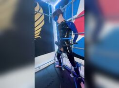 Milking a trophy boy in shiny rubber public sex party