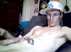 GBT Blond Muscular Tattoo Camboy shoots his load - AI Enhanced