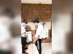 Guys Messing Around In Public Bathroom & Almost Get Caught