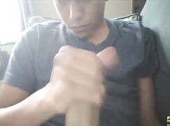 Hot Latin teen twink 18yo jerks off his huge dick and records everything on his home
