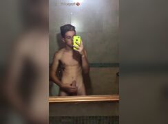 Latino with tattoo mirror wank