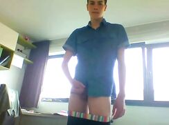 cute blue shirt wanks in his room
