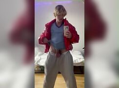 cute  blonde red jacket guy wanking