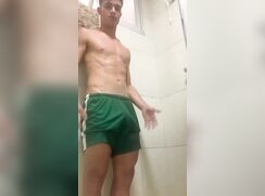 Green shorts muscle boy strips and wanks in the shower boys porn