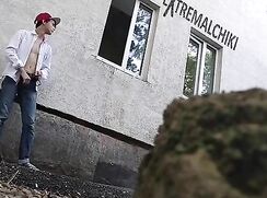 Outdoors gay teen wanking by a building