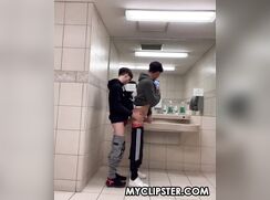 Fucking bareback in a public toilet