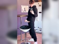 cute blonde likes to jerking off at the kitchen