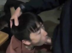 asian boy on his knees swallowing cum