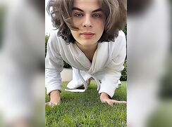 Blond Curly Hair Shaved Twink Outside Pees and Wanks - AI Enhanced