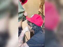 Suck and swallow BBC in stairwell