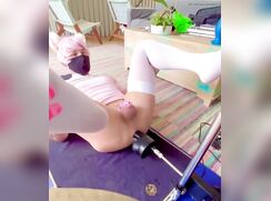 Twink fucks hole with dildo machine