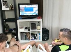 HORNY GAMERS ARE INTERRUPTED BY A VISITOR